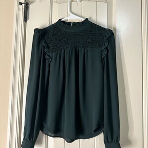 LOFT Dark Green Ruffle Trim Blouse xxs